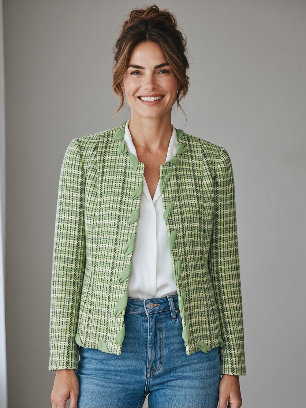 Focus 2000 Tweed Jacket Chartreuse Green Ribbon Trim Y2K Statement Sage green